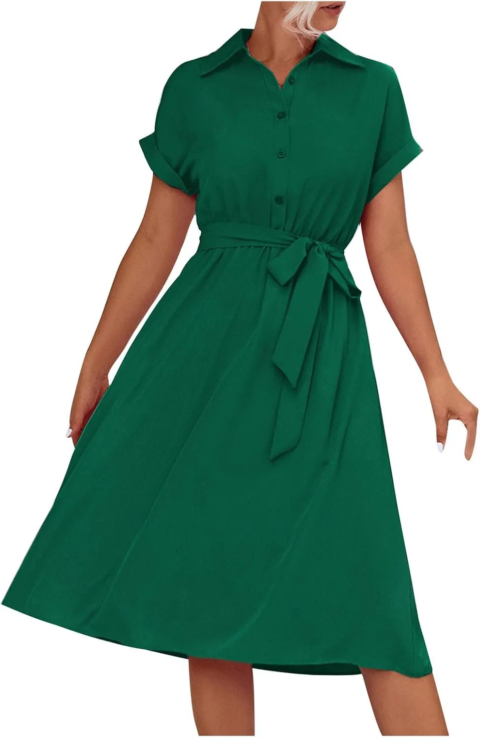 Shirt Dresses for Women, Knee Length Short Sleeve Midi Dress Casual Lapel Neck Button Front Tie Waist Wrap Dress