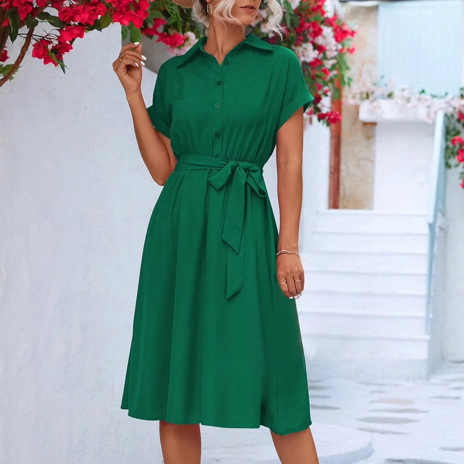 Shirt Dresses for Women, Knee Length Short Sleeve Midi Dress Casual Lapel Neck Button Front Tie Waist Wrap Dress