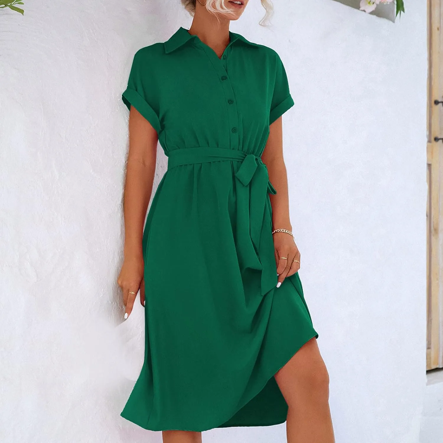 Shirt Dresses for Women, Knee Length Short Sleeve Midi Dress Casual Lapel Neck Button Front Tie Waist Wrap Dress