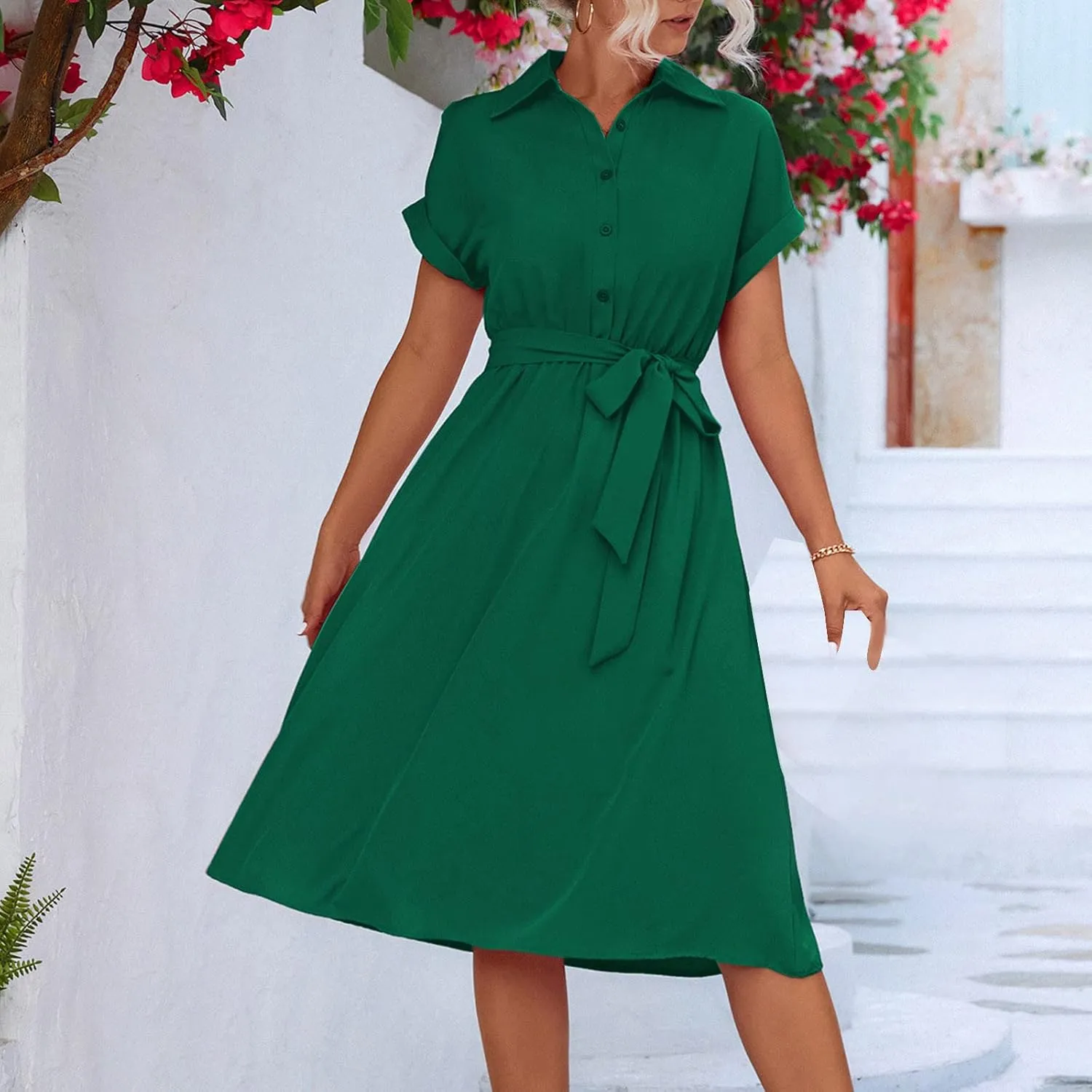 Shirt Dresses for Women, Knee Length Short Sleeve Midi Dress Casual Lapel Neck Button Front Tie Waist Wrap Dress