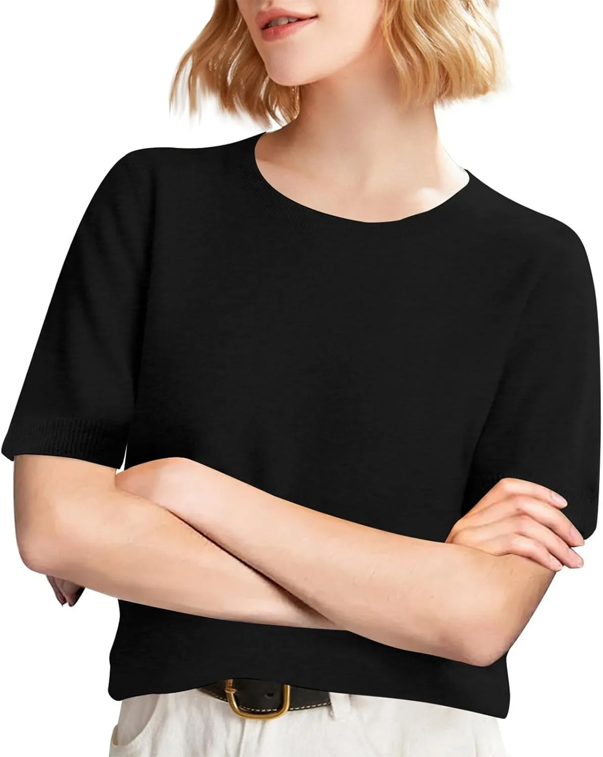 Short Sleeve Sweater for Women Crew Neck Pullover Sweaters Dressy Casual Loose Lightweight Ribbed Knit Sweater Tops