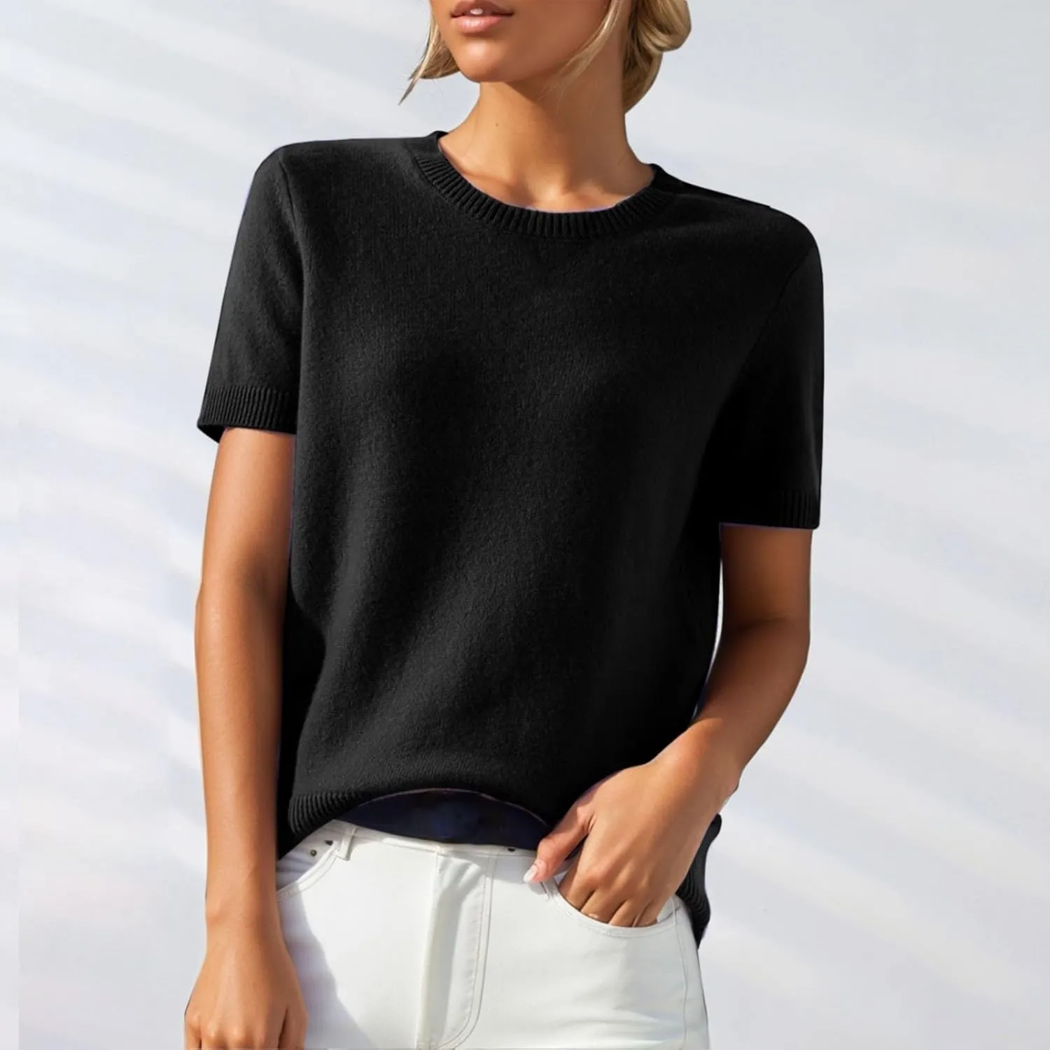 Short Sleeve Sweater for Women Crew Neck Pullover Sweaters Dressy Casual Loose Lightweight Ribbed Knit Sweater Tops