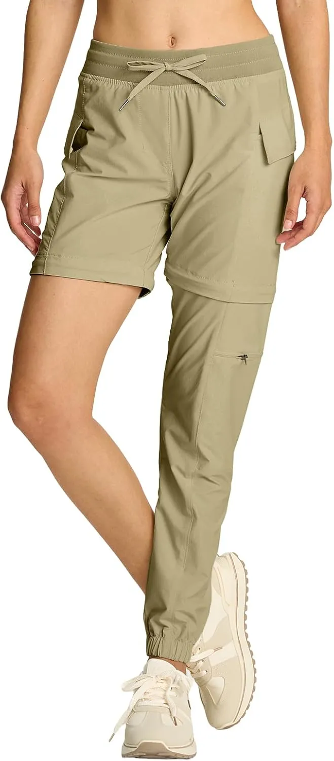 smawell Women's Hiking Stretch Petite Scrubs Pants with Pockets Zip Off Convertible Lightweight Pants Dark Khaki L