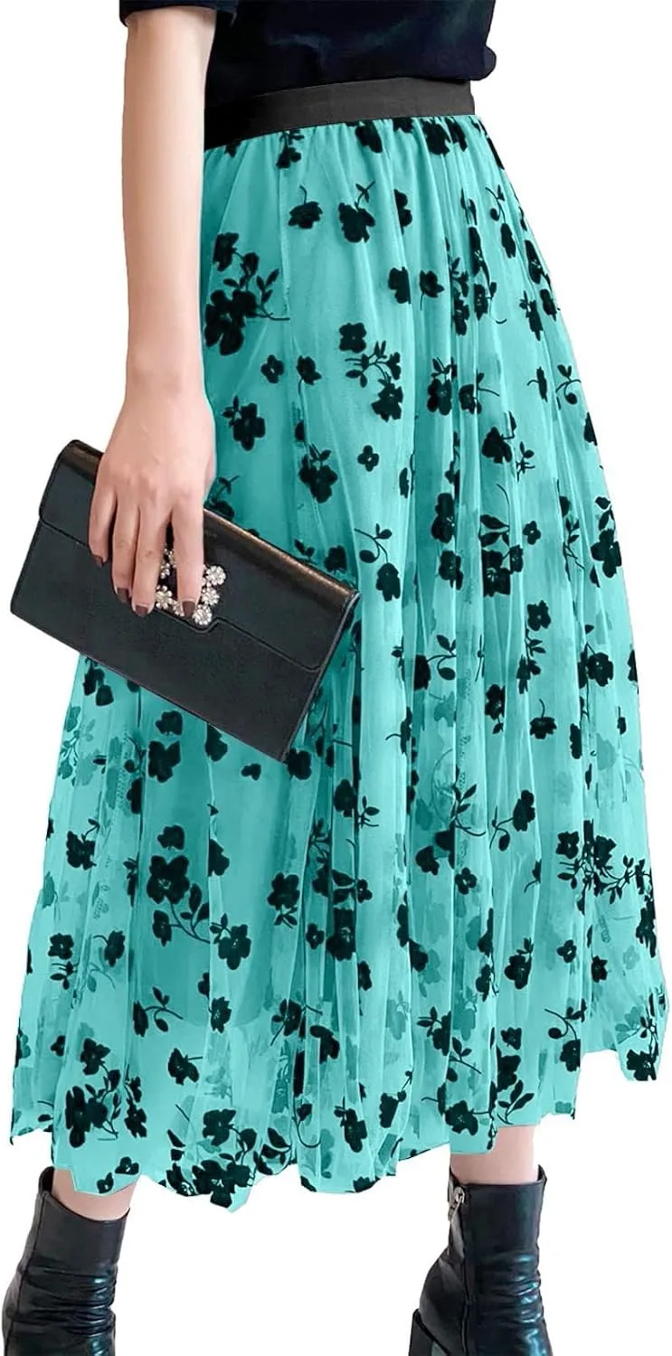 Summer Skirts for Women Trendy Lightweight Floral Sheer High Elastic Waist Loose Boha Long Skirts Vacation Clothes