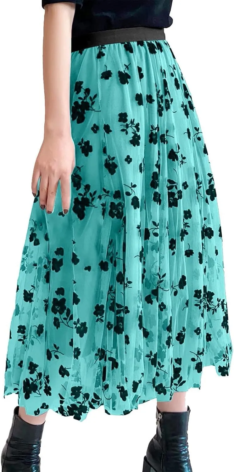Summer Skirts for Women Trendy Lightweight Floral Sheer High Elastic Waist Loose Boha Long Skirts Vacation Clothes