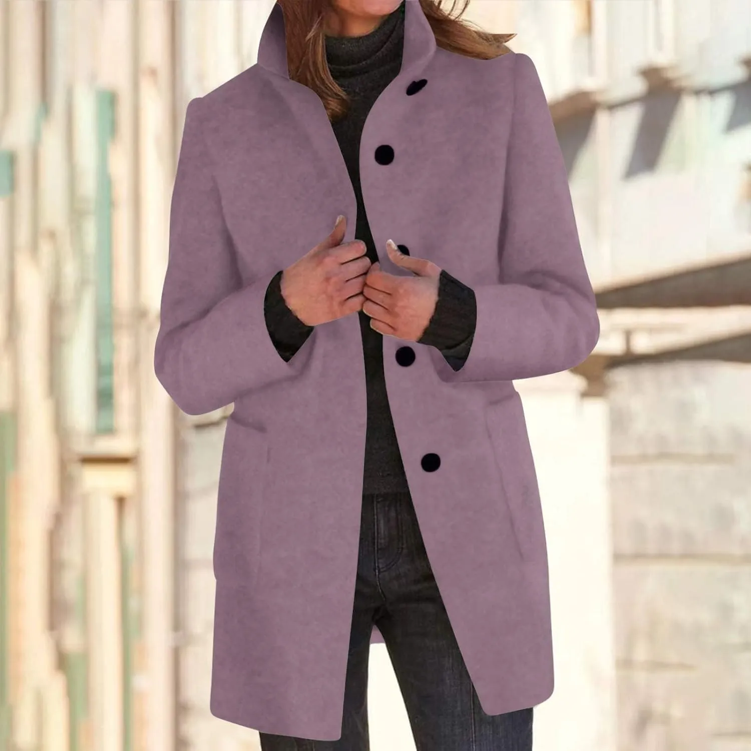 Women Wool Jacket Blend Winter Mid Long Trench Coat Stand Collar Single Breasted Warm Pea Overcoat with Pockets