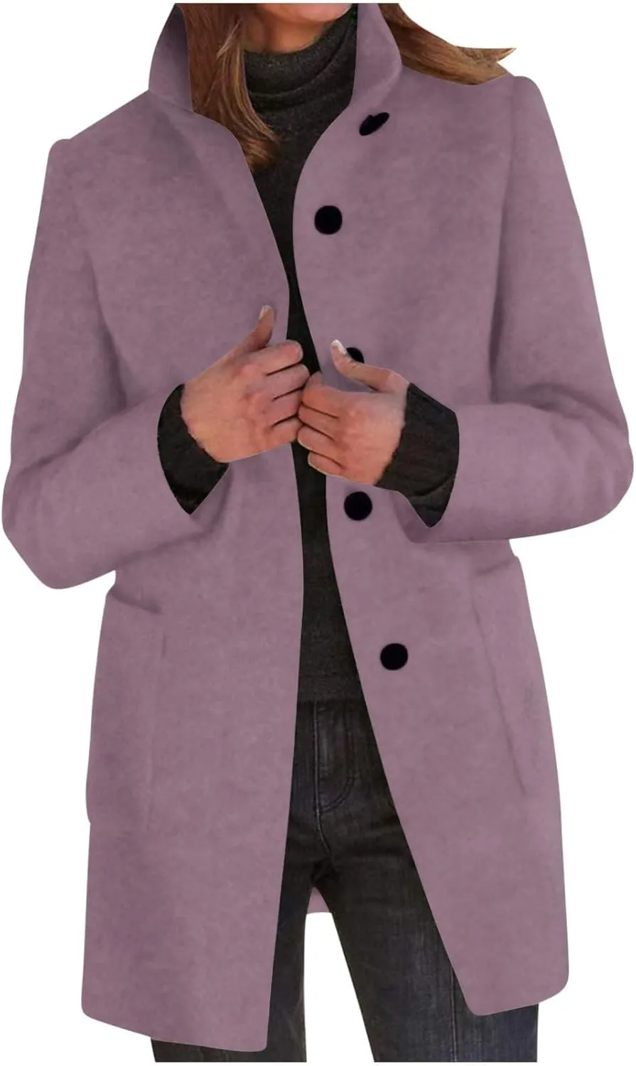 Women Wool Jacket Blend Winter Mid Long Trench Coat Stand Collar Single Breasted Warm Pea Overcoat with Pockets
