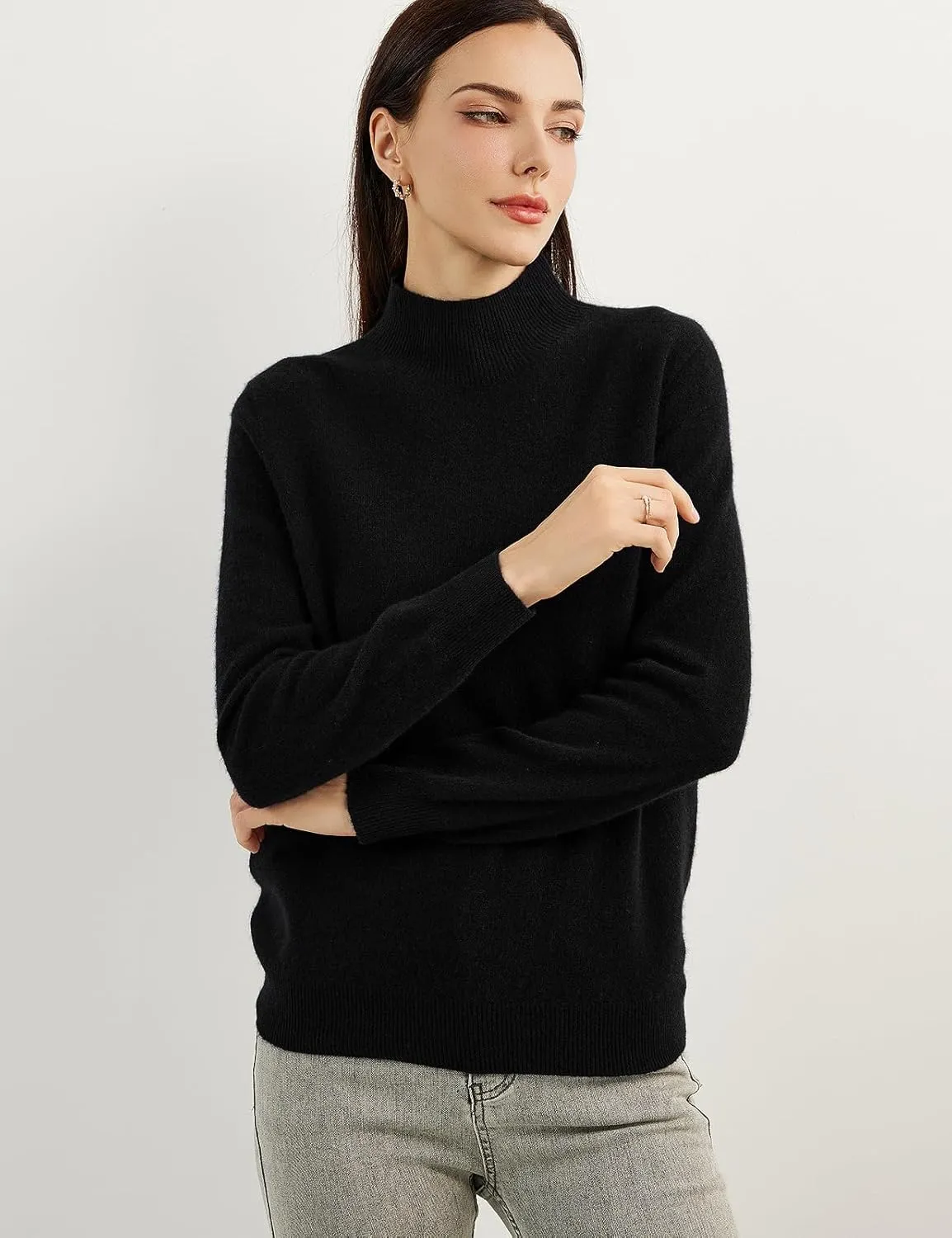 Women's 100% Pure Cashmere Sweater Mock Neck Long Sleeve Warm Leisure 2025 Fall Winter Knit Pullover