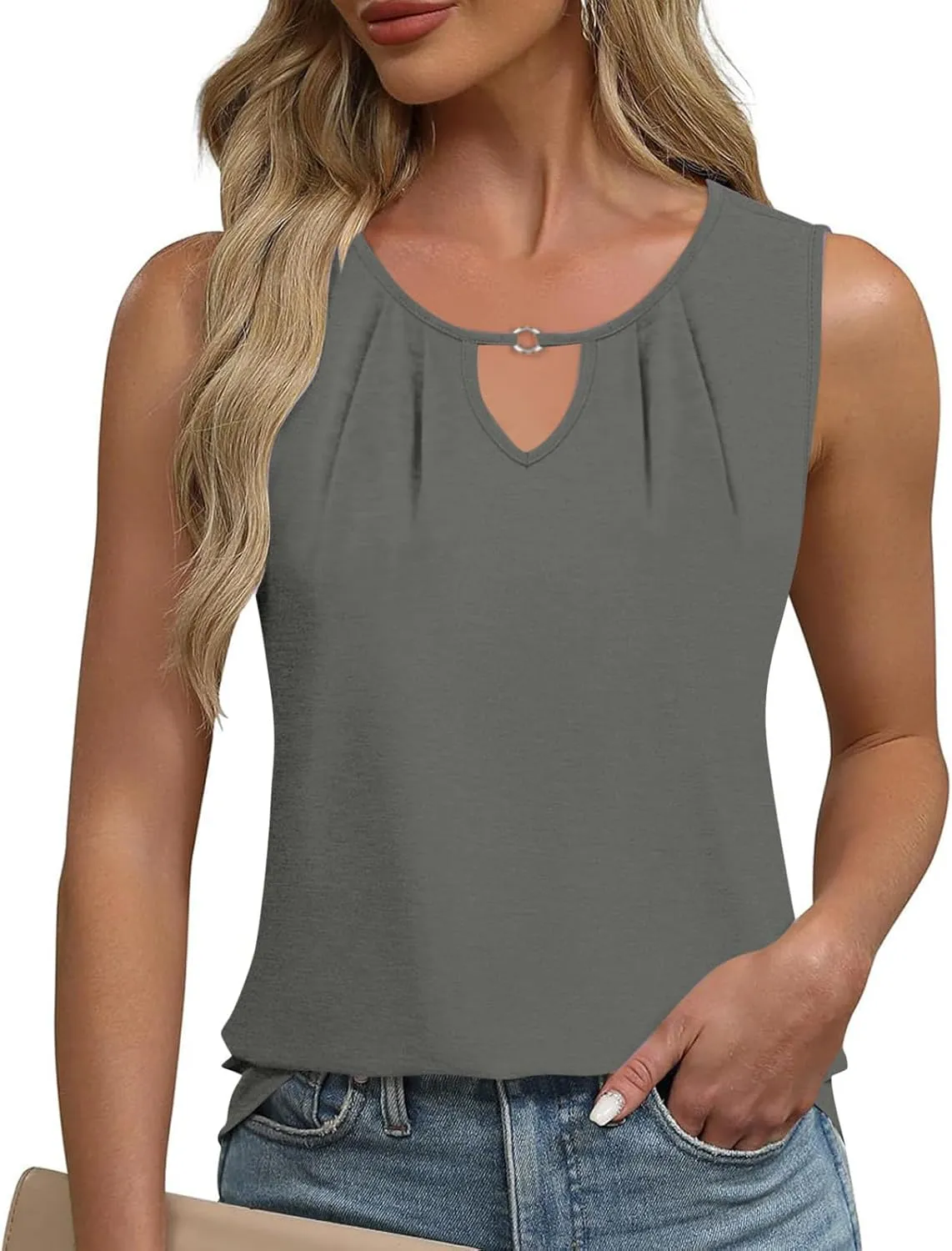 Womens Business Casual Tank Top Summer Sleeveless Keyhole Pleated Shirts 2025 Trendy Outfits Dressy Work Blouse