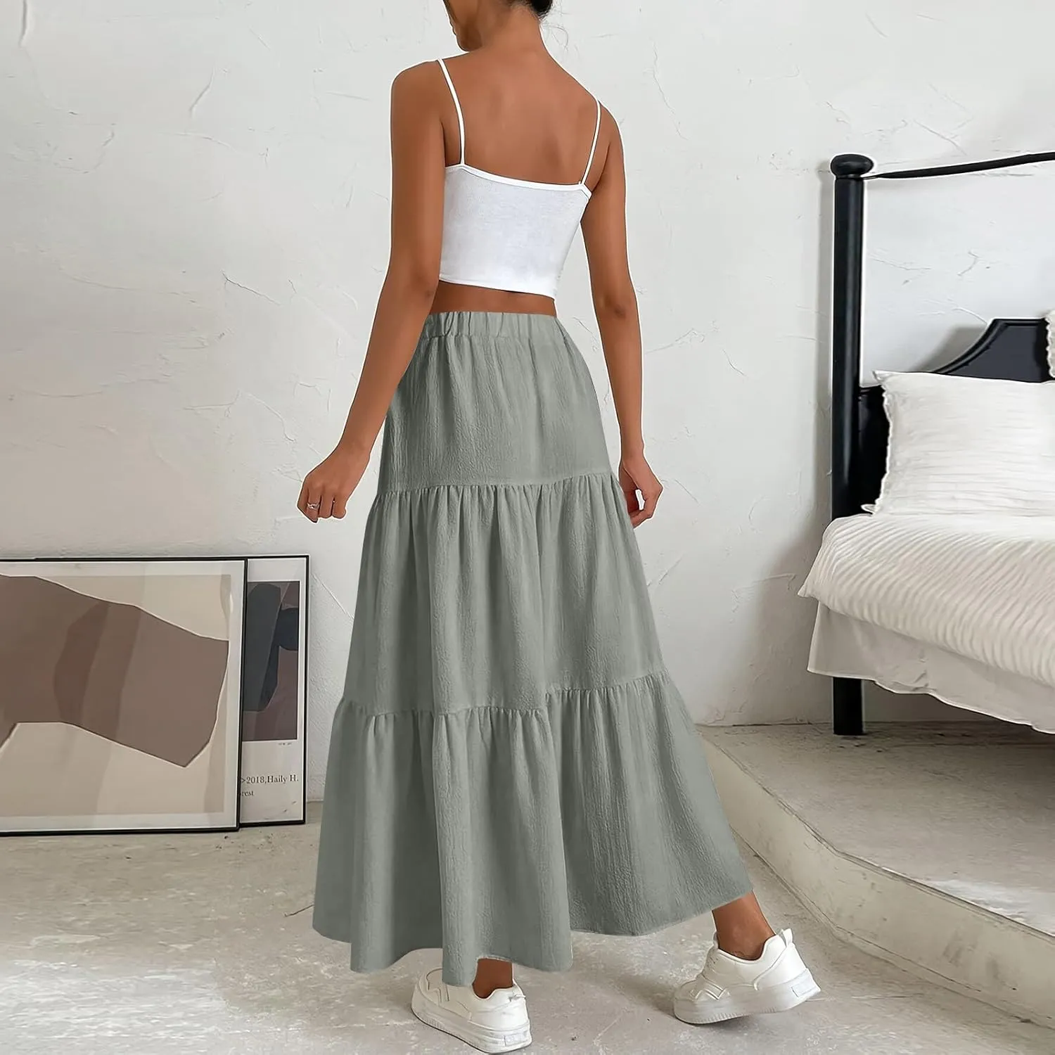 Womens High Waisted Basic Maxi Skirts 2025 Pleated Elastic Waist A-Line Skirt Trendy Summer Flowy Swing Long Skirts