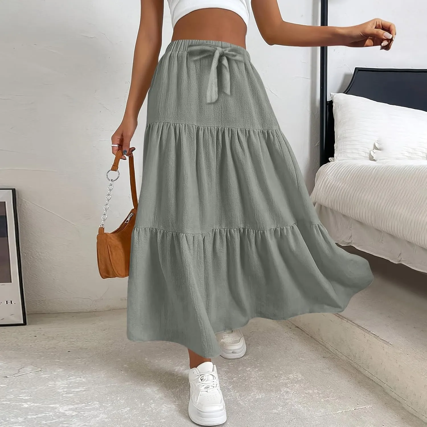Womens High Waisted Basic Maxi Skirts 2025 Pleated Elastic Waist A-Line Skirt Trendy Summer Flowy Swing Long Skirts