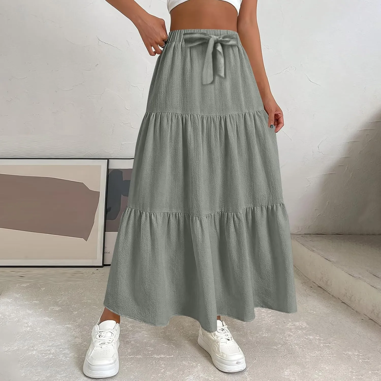 Womens High Waisted Basic Maxi Skirts 2025 Pleated Elastic Waist A-Line Skirt Trendy Summer Flowy Swing Long Skirts