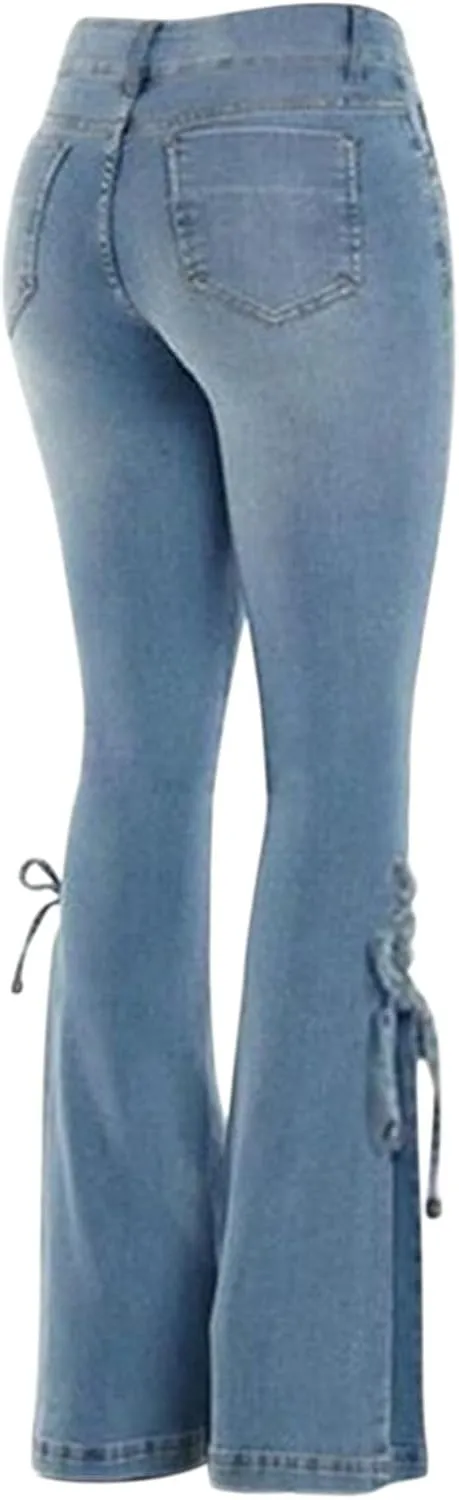 Women's Ripped Flare Bell Bottom Mid Waist Lace Up Hole Stretch Vintage Baggy Denim Jeans Pants Trousers Streetwear 4X-Large