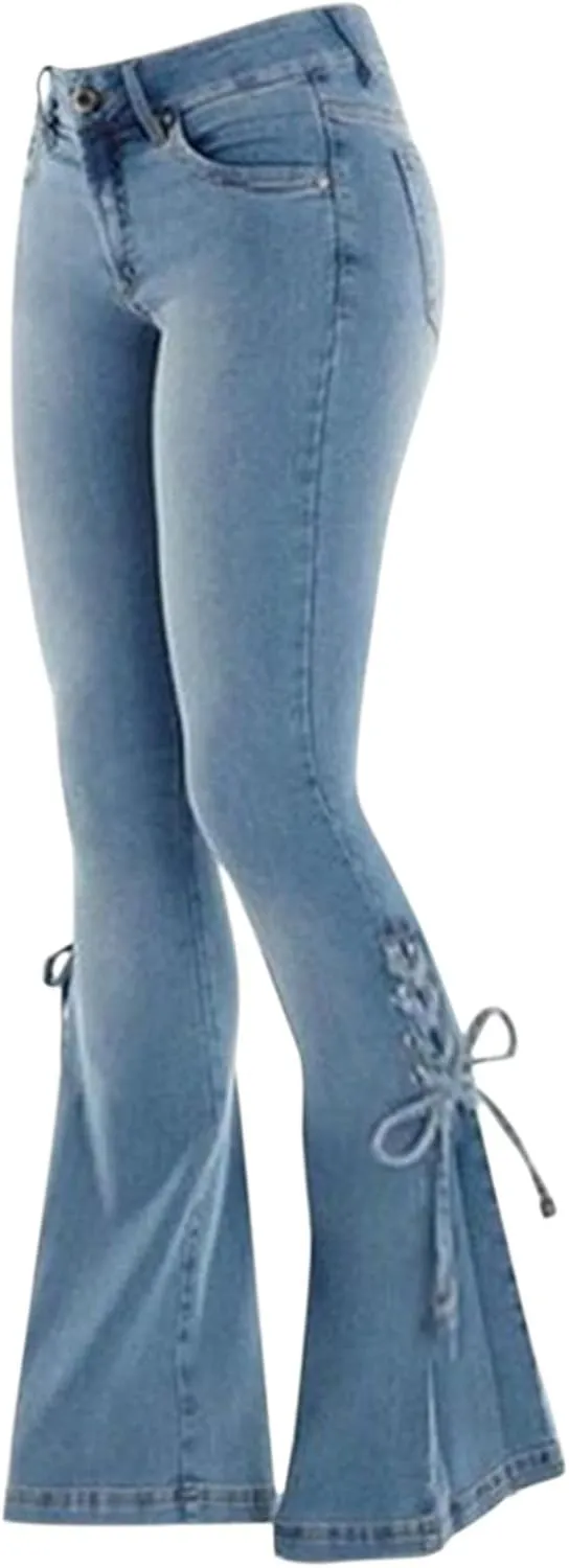 Women's Ripped Flare Bell Bottom Mid Waist Lace Up Hole Stretch Vintage Baggy Denim Jeans Pants Trousers Streetwear 4X-Large