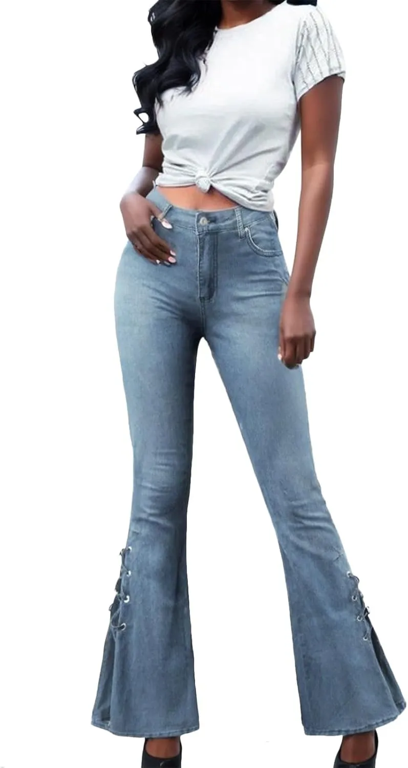 Women's Ripped Flare Bell Bottom Mid Waist Lace Up Hole Stretch Vintage Baggy Denim Jeans Pants Trousers Streetwear 4X-Large