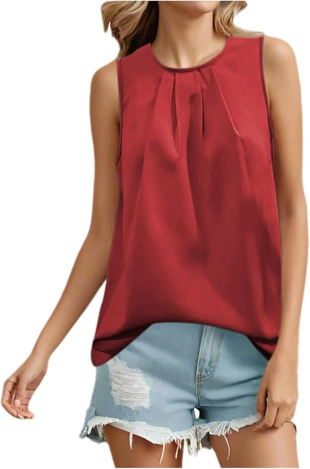 Women's Tank Tops Summer Solid Color Crewneck Sleeveless Pleated Blouse Casual Fashion Loose Fit Dressy Tunic Shirts