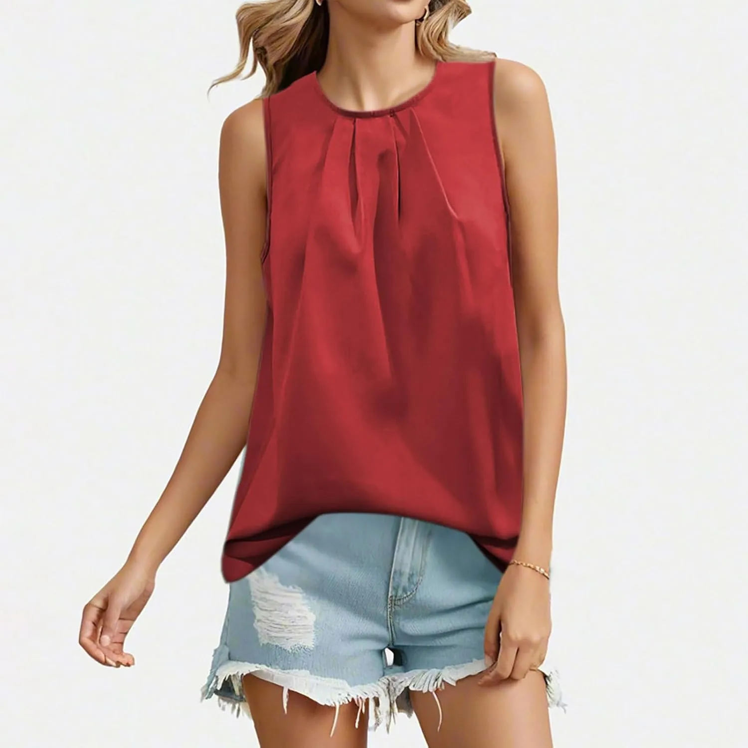 Women's Tank Tops Summer Solid Color Crewneck Sleeveless Pleated Blouse Casual Fashion Loose Fit Dressy Tunic Shirts